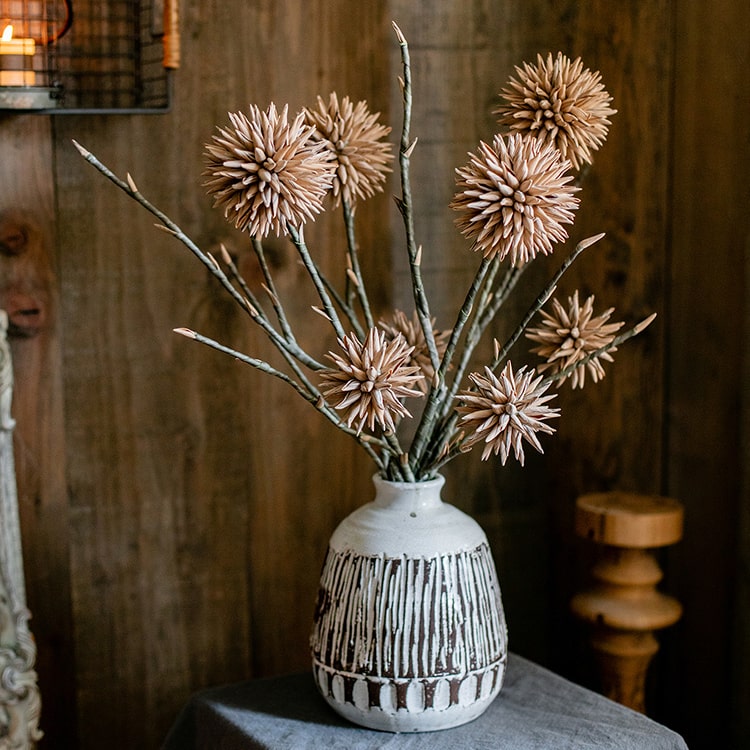 34-inch tall artificial Round Camel Color Ball Flower on a twig stem, featuring two ball-shaped flowers in camel color with brown branches.