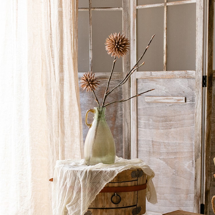 34-inch tall artificial Round Camel Color Ball Flower on a twig stem, featuring two ball-shaped flowers in camel color with brown branches.