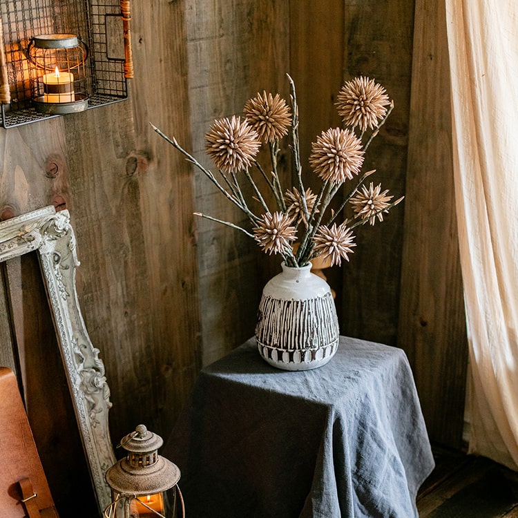 34-inch tall artificial Round Camel Color Ball Flower on a twig stem, featuring two ball-shaped flowers in camel color with brown branches.