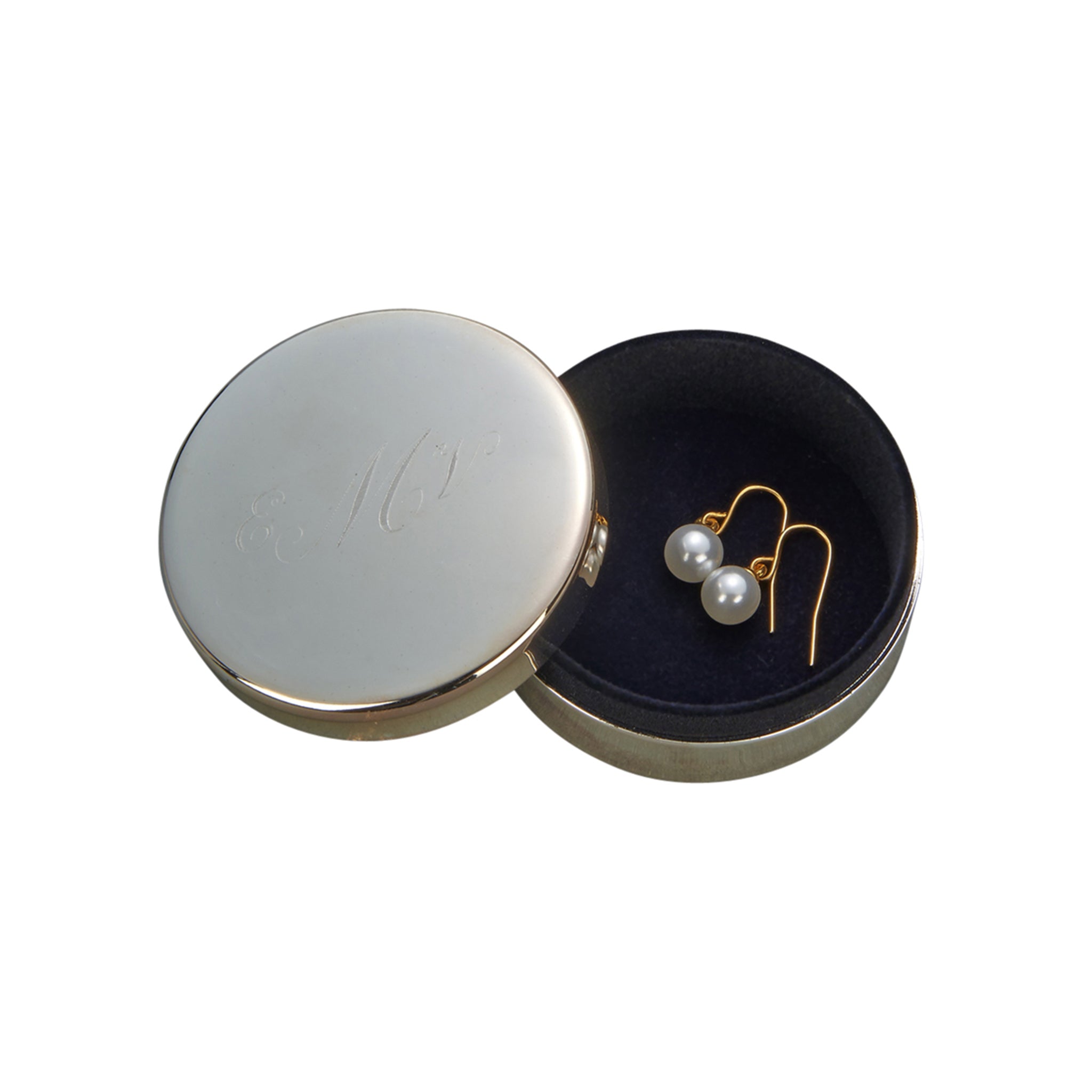 Elegant 2.25-inch round jewelry box with shiny nickel plating and dark blue flocked interior, perfect for keepsakes.