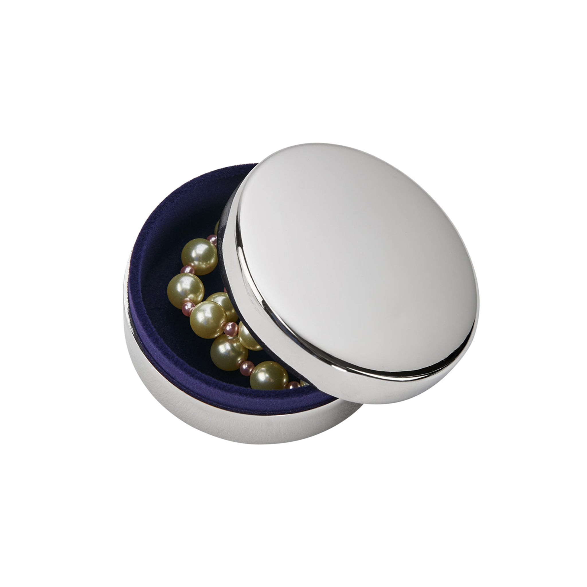 Elegant 2.25-inch round jewelry box with shiny nickel plating and dark blue flocked interior, perfect for keepsakes.