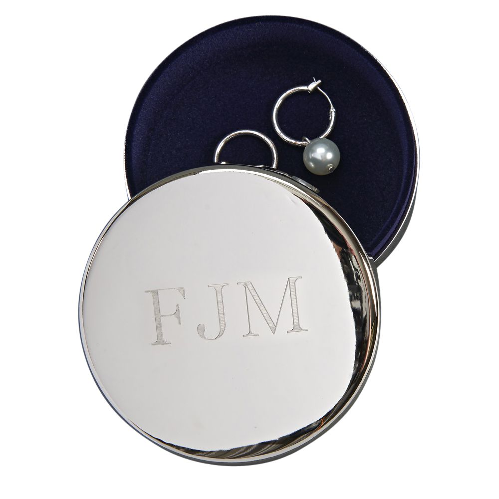 Elegant round keepsake box with nickel plating and dark blue interior, perfect for storing cherished items.