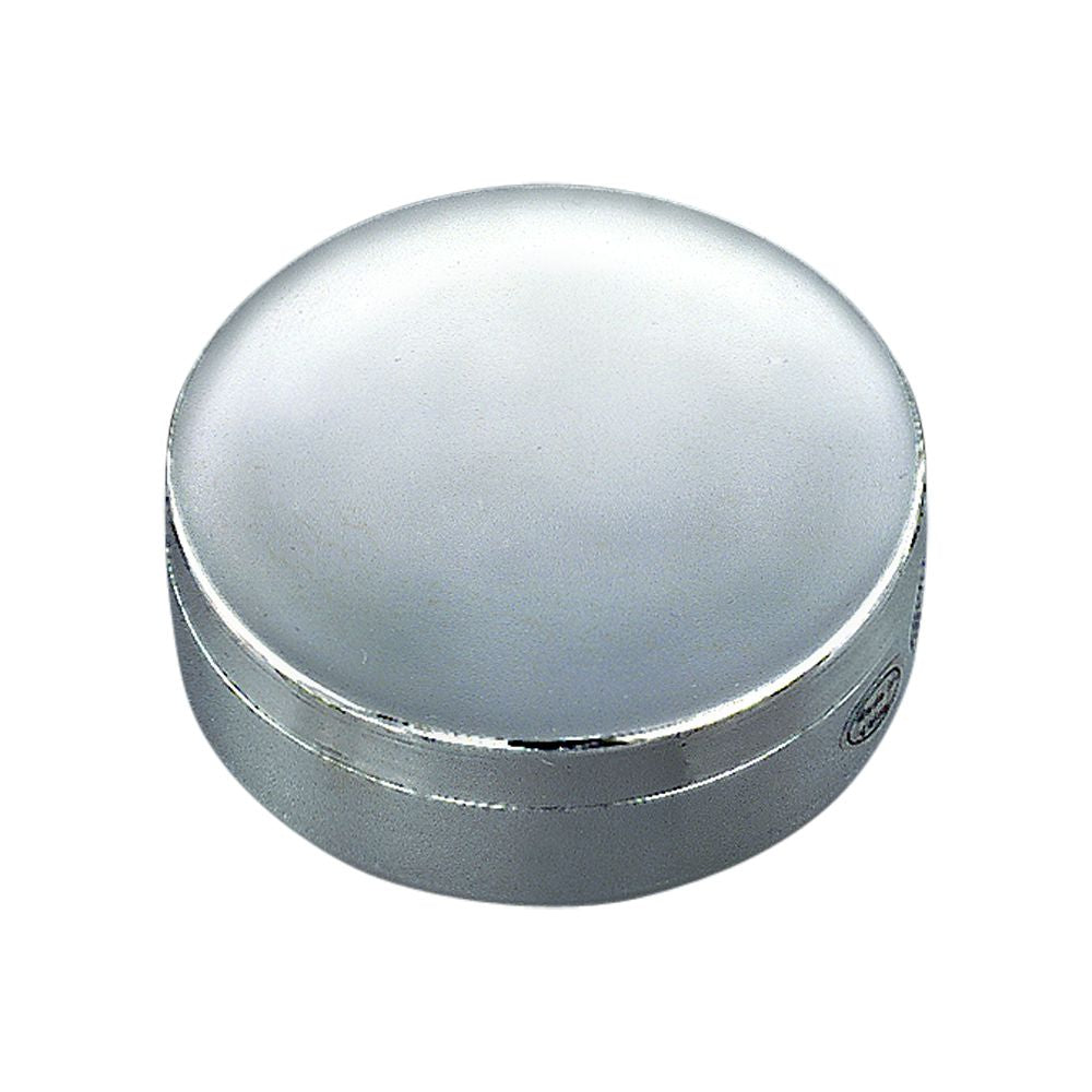 Elegant round keepsake box with nickel plating and dark blue interior, perfect for storing cherished items.