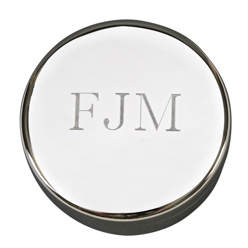 Elegant round keepsake box with nickel plating and dark blue interior, perfect for storing cherished items.