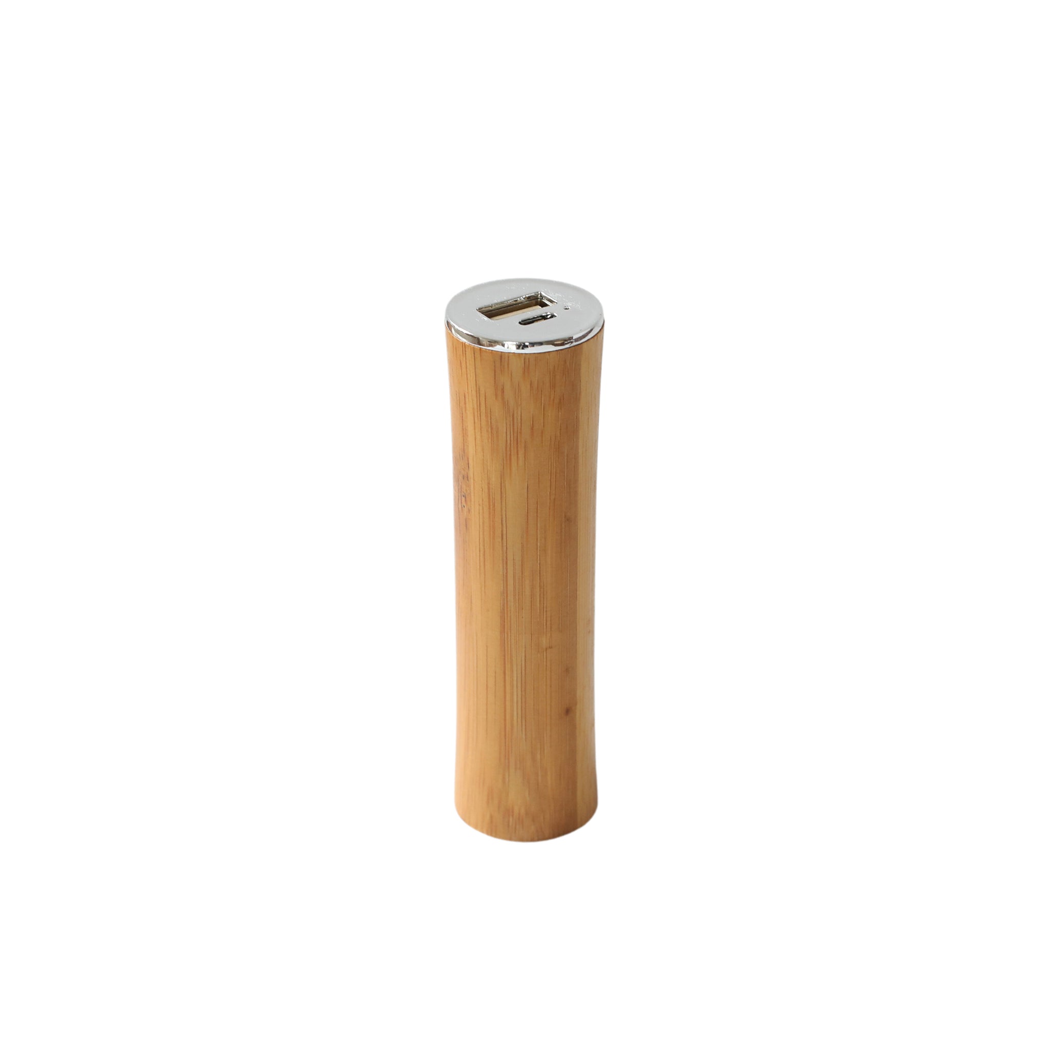 Round Tube Bamboo Power Bank Charger showcasing its unique wooden design and compact size, ideal for portable charging.