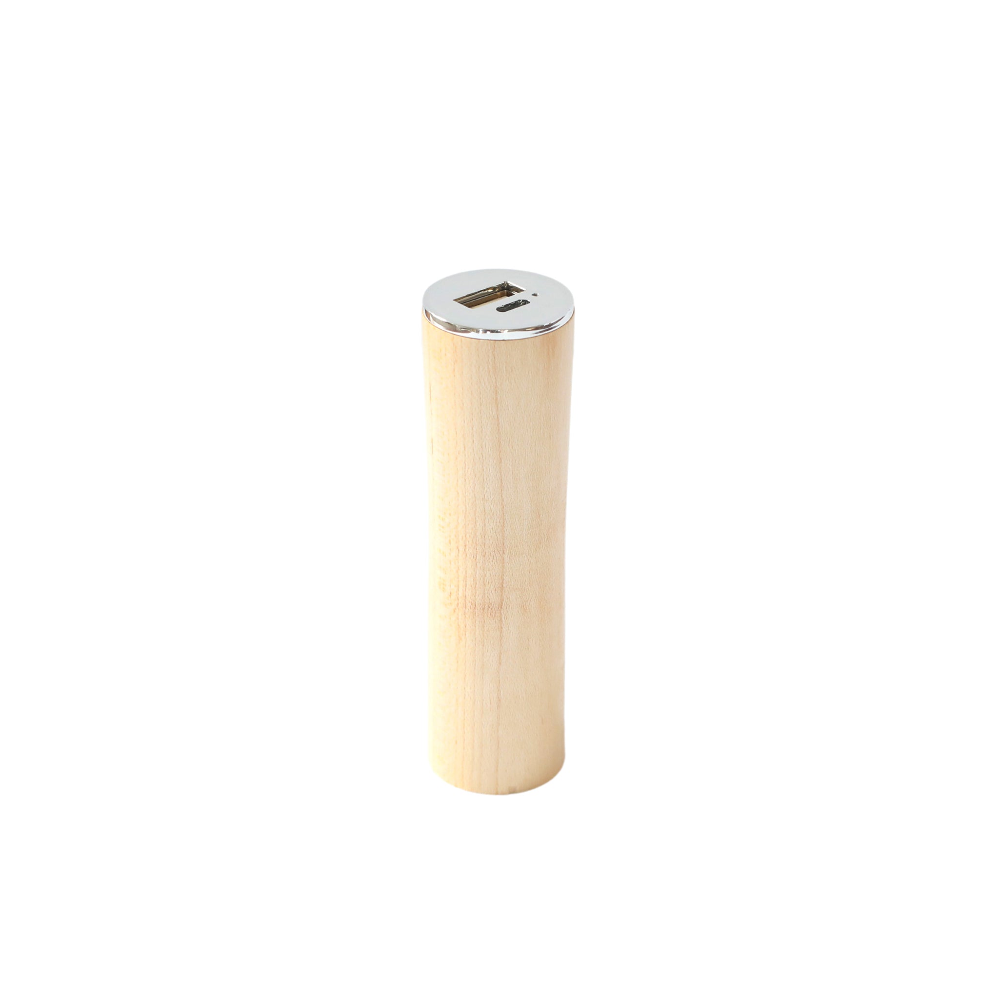 Round Tube Maple Power Bank Charger with a unique wooden design, showcasing its compact size and stylish appearance.