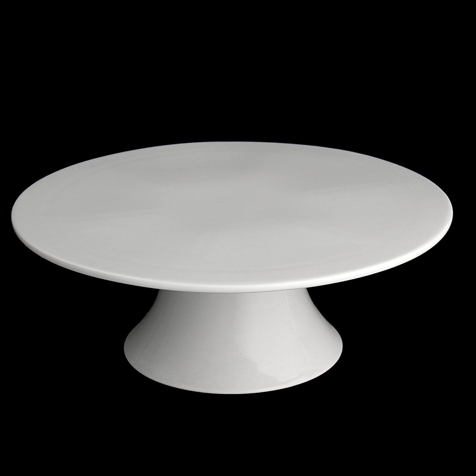 Elegant round white porcelain cake stand, 12 inches in diameter, perfect for displaying cakes and desserts.