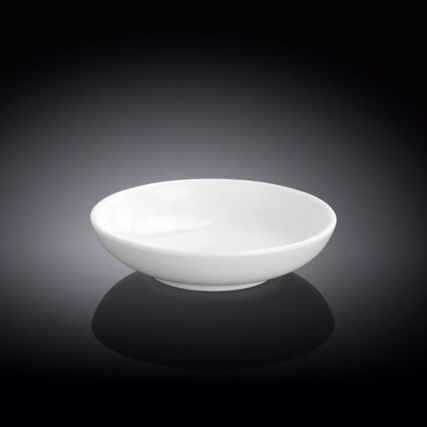 Round white soy dish measuring 4 inches, made of high-quality porcelain, perfect for sauces and appetizers.