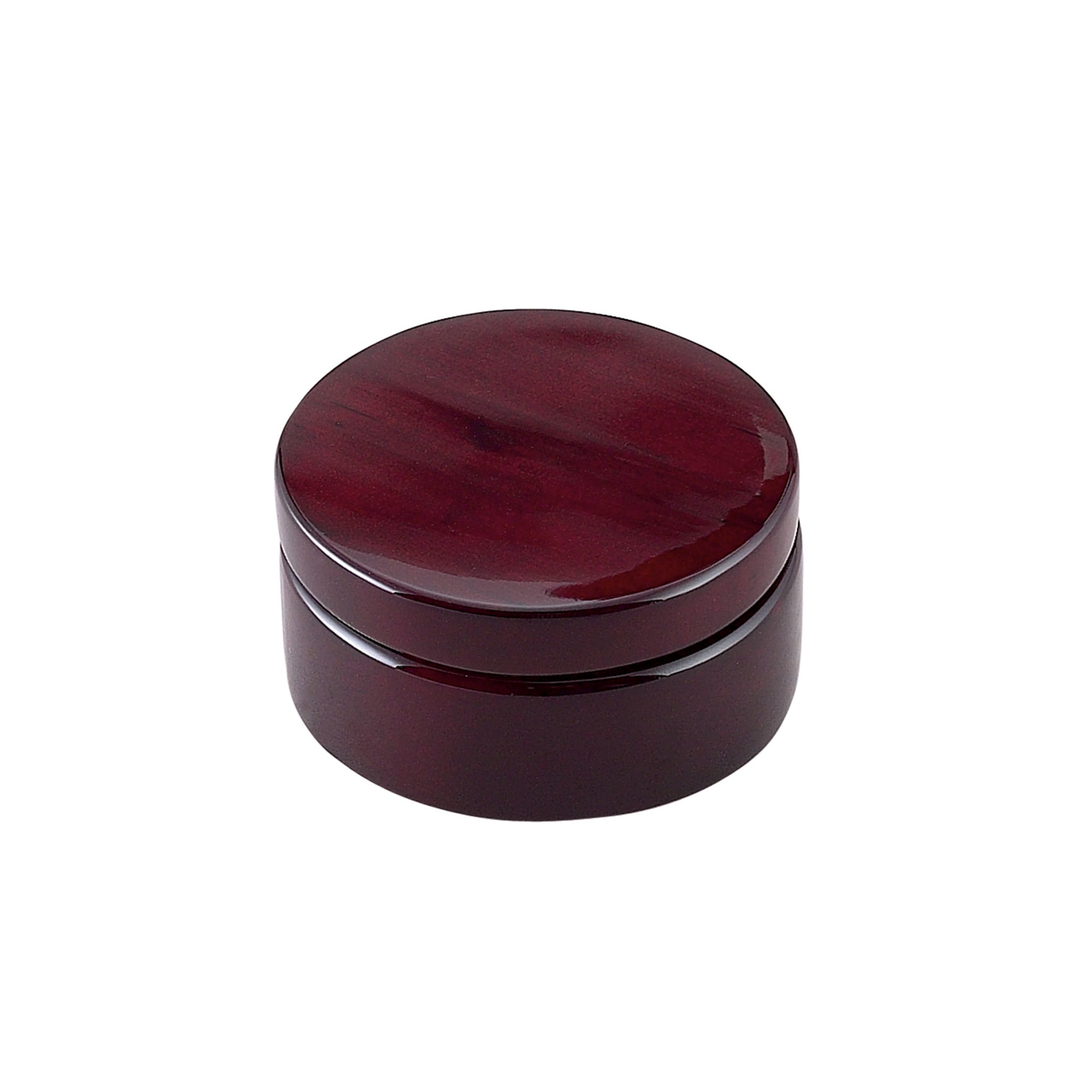 Round wooden box with gold accented compass and engraving plate in rosewood finish.