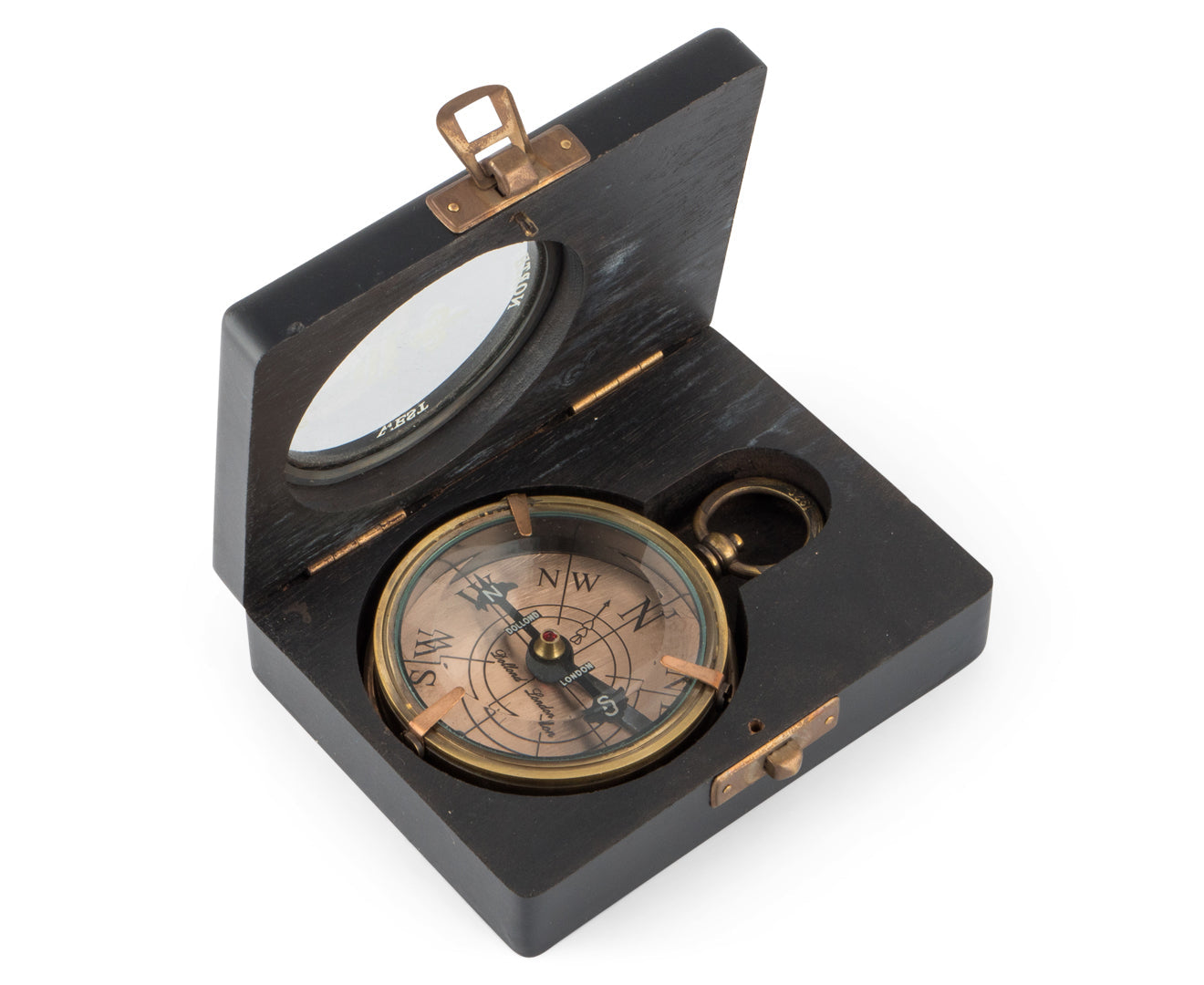 Royal Compass with bevelled glass and antiqued brass finish, displayed in a recycled mango wood box.