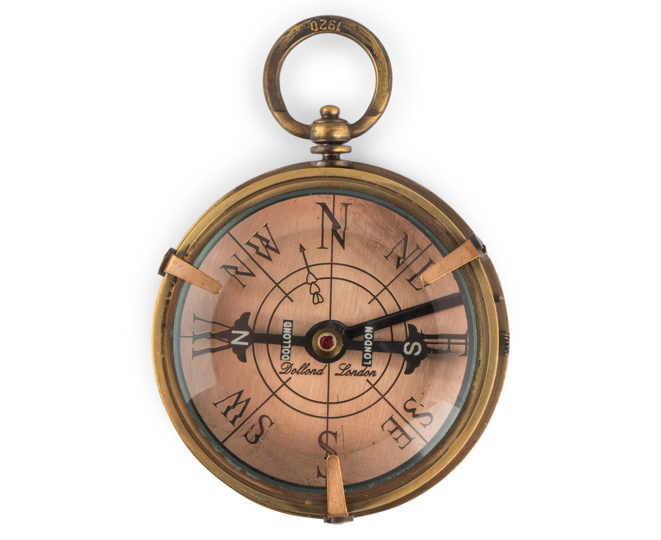 Royal Compass with bevelled glass and antiqued brass finish, displayed in a recycled mango wood box.