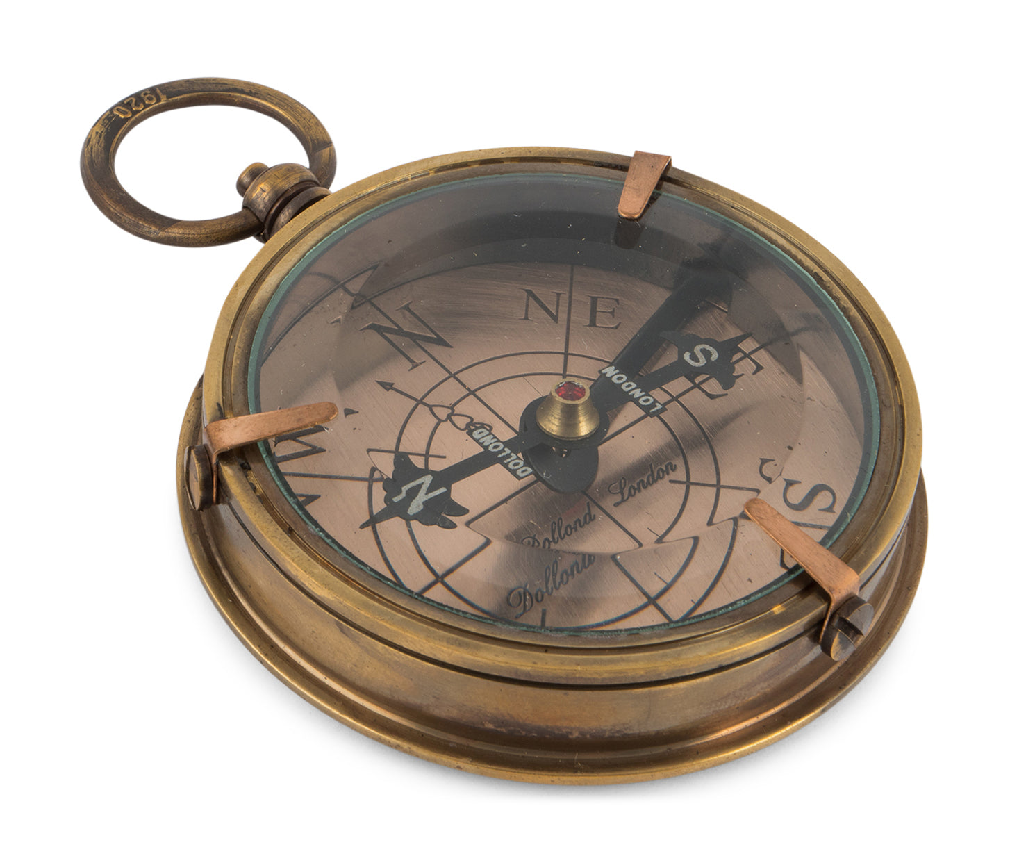 Royal Compass with bevelled glass and antiqued brass finish, displayed in a recycled mango wood box.