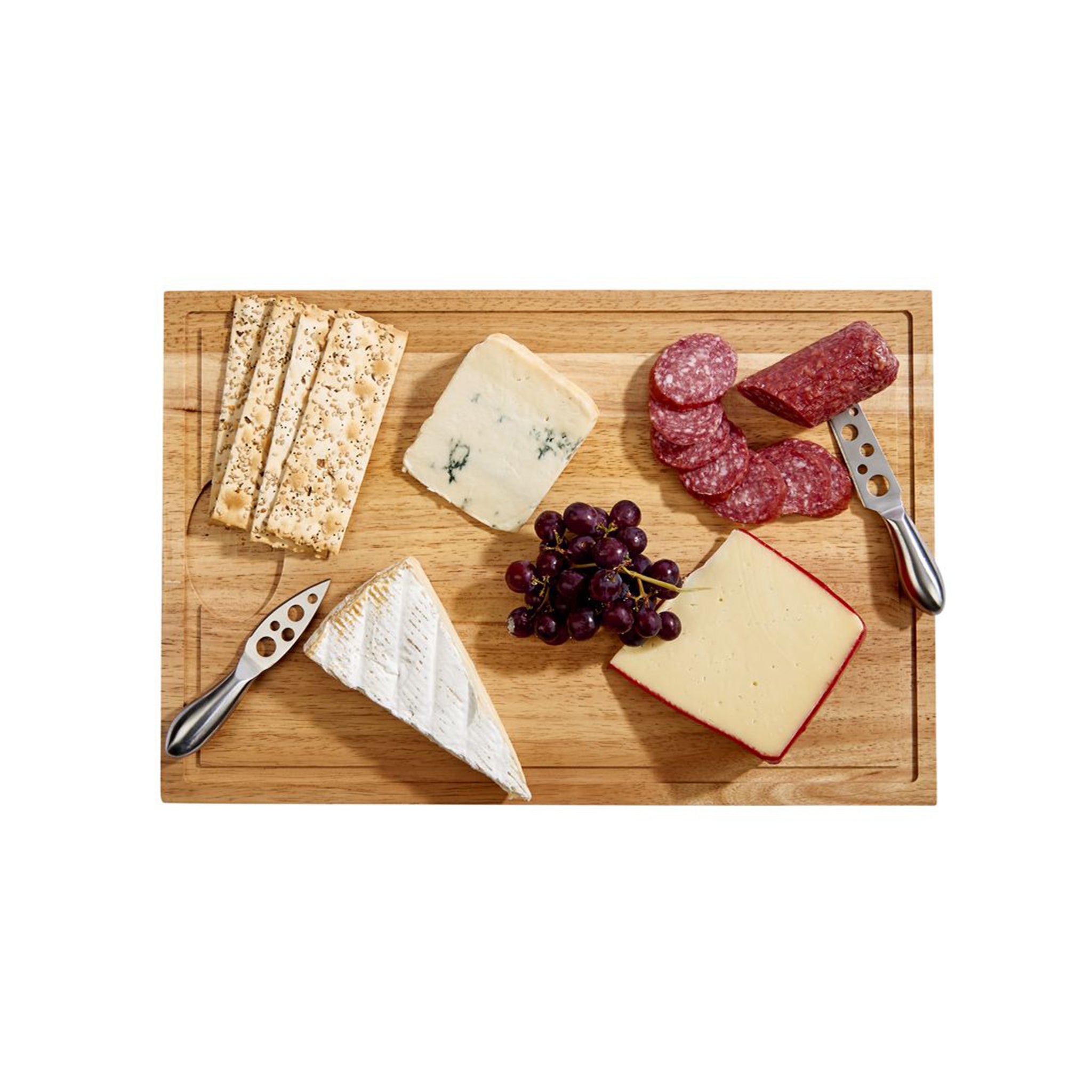 Rubberwood Cutting Board with Well, 18" x 12", featuring a routed perimeter and juice reservoir.