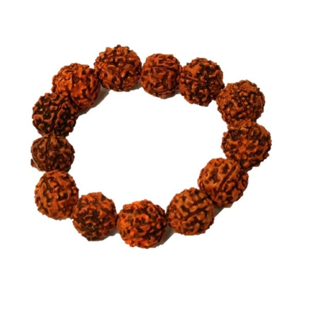 A stretchable RUDRAKSHA bracelet featuring natural beads, suitable for all wrist sizes.