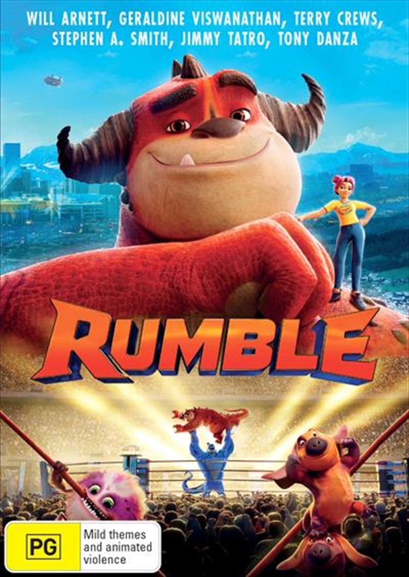 Rumble DVD cover featuring colorful monster characters in a wrestling ring, showcasing action and excitement.