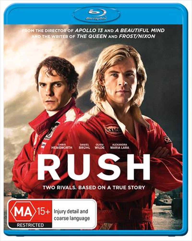 Rush Blu-ray cover featuring James Hunt and Niki Lauda in a dramatic racing scene.