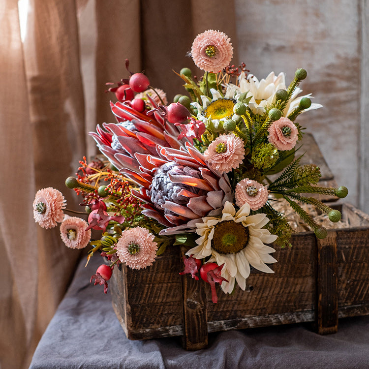 Rust Pink Spring Farm Bouquet featuring artificial protea and sunflower in vibrant colors, standing 16 inches tall.