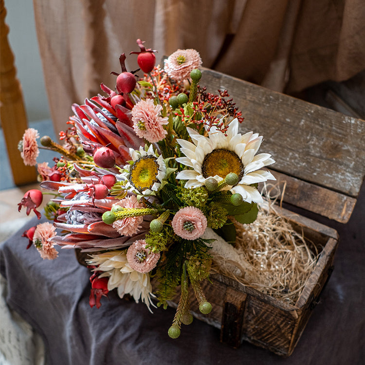 Rust Pink Spring Farm Bouquet featuring artificial protea and sunflower in vibrant colors, standing 16 inches tall.