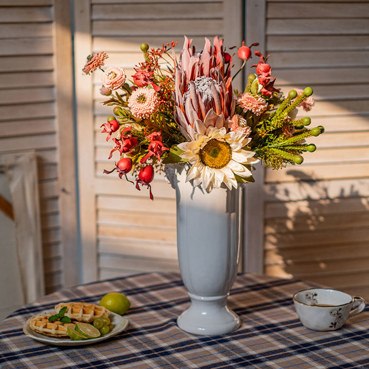 Rust Pink Spring Farm Bouquet featuring artificial protea and sunflower in vibrant colors, standing 16 inches tall.