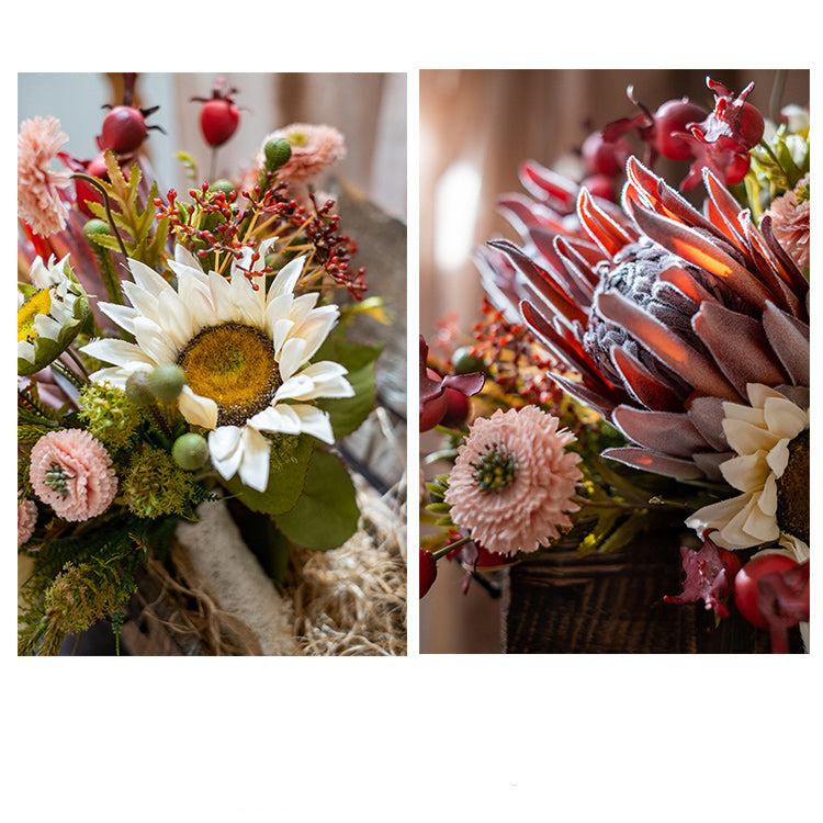 Rust Pink Spring Farm Bouquet featuring artificial protea and sunflower in vibrant colors, standing 16 inches tall.