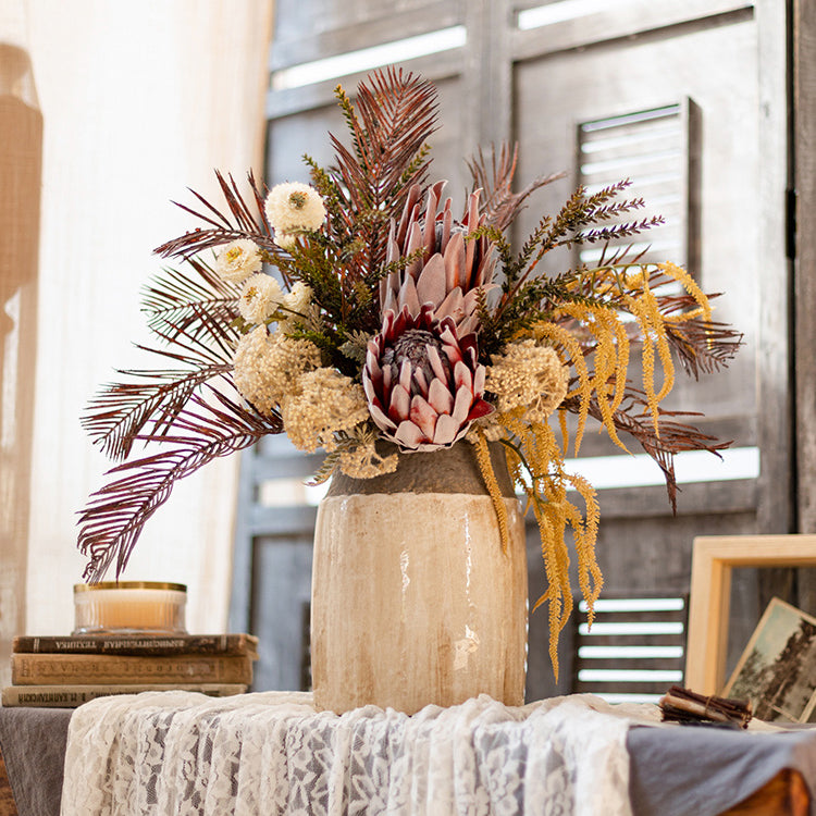 Rust Red Protea Designers Artificial Bouquet, 23 inches tall, featuring vibrant red protea and mixed colors, perfect for home decor.