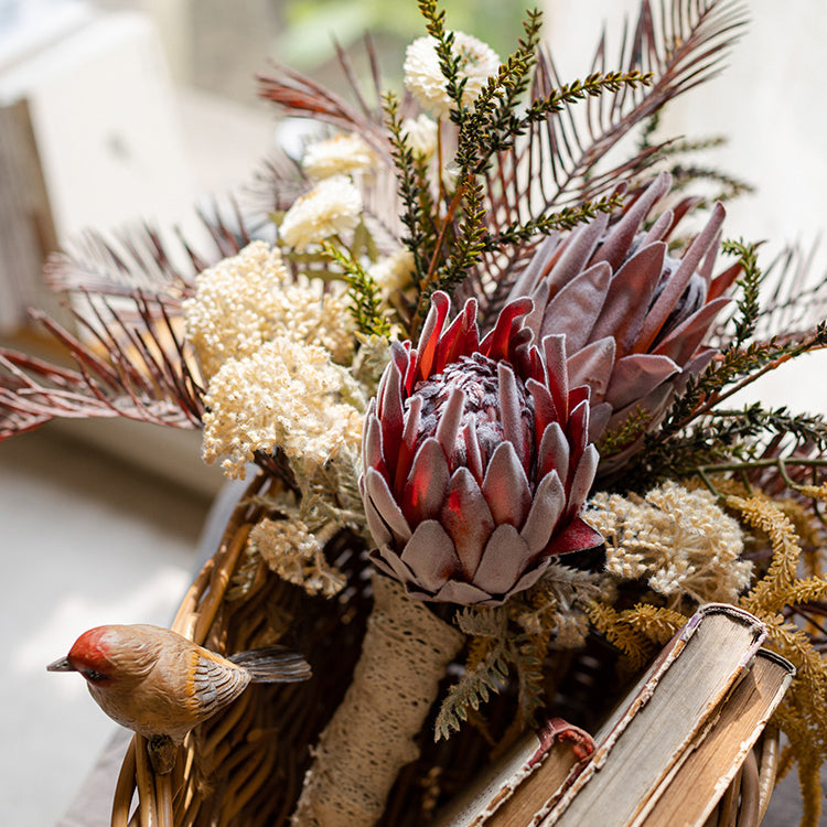 Rust Red Protea Designers Artificial Bouquet, 23 inches tall, featuring vibrant red protea and mixed colors, perfect for home decor.