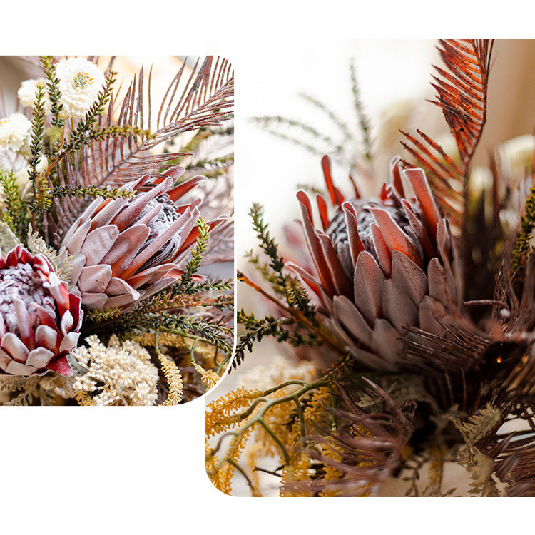 Rust Red Protea Designers Artificial Bouquet, 23 inches tall, featuring vibrant red protea and mixed colors, perfect for home decor.