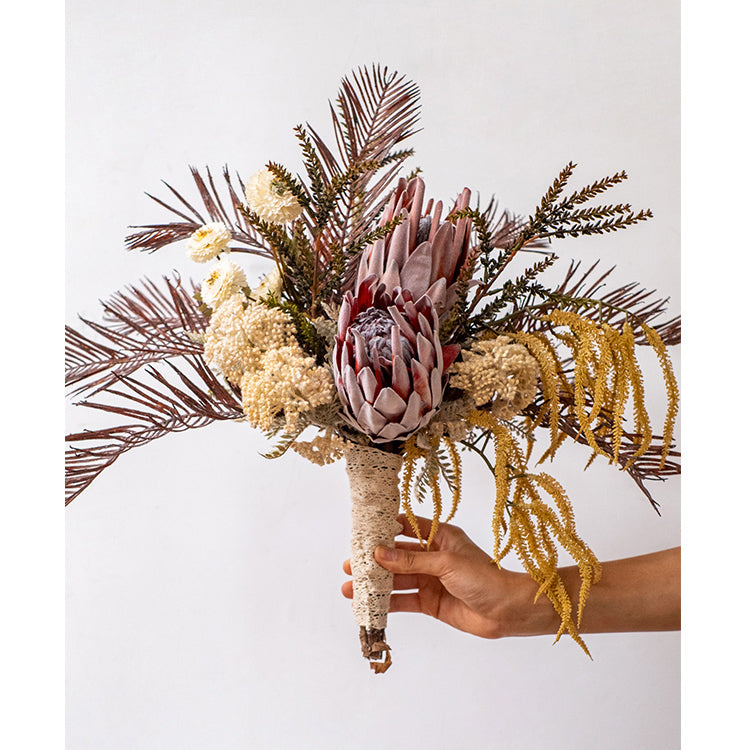 Rust Red Protea Designers Artificial Bouquet, 23 inches tall, featuring vibrant red protea and mixed colors, perfect for home decor.