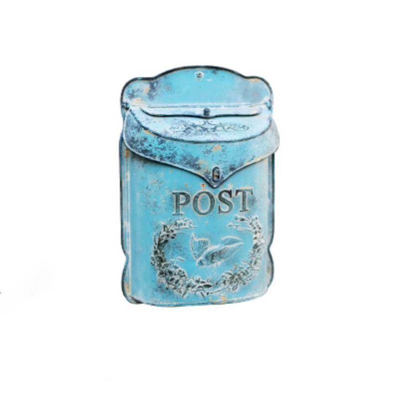 Rustic Blue Metal Mailbox in vibrant turquoise color, showcasing its charming design and durable metal construction.