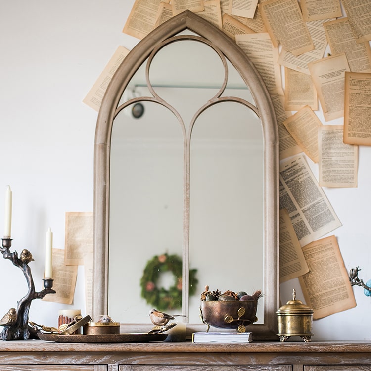 Rustic French Art Mirror featuring a beige and khaki metal frame, perfect for wall decoration.