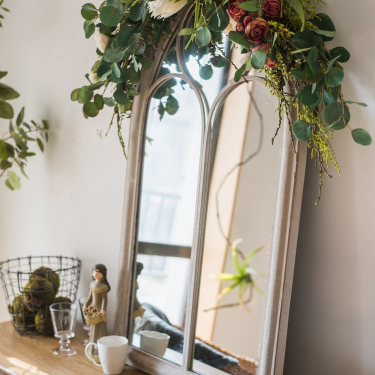 Rustic French Art Mirror featuring a beige and khaki metal frame, perfect for wall decoration.