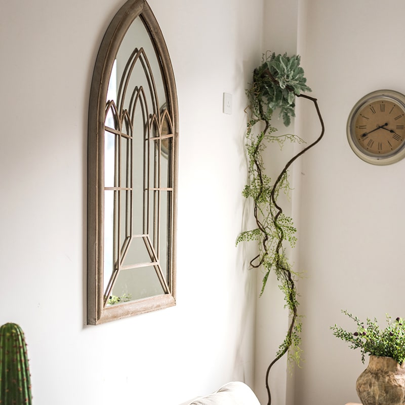 Rustic French Art Mirror featuring a beige and khaki metal frame, elegantly designed for wall decor.