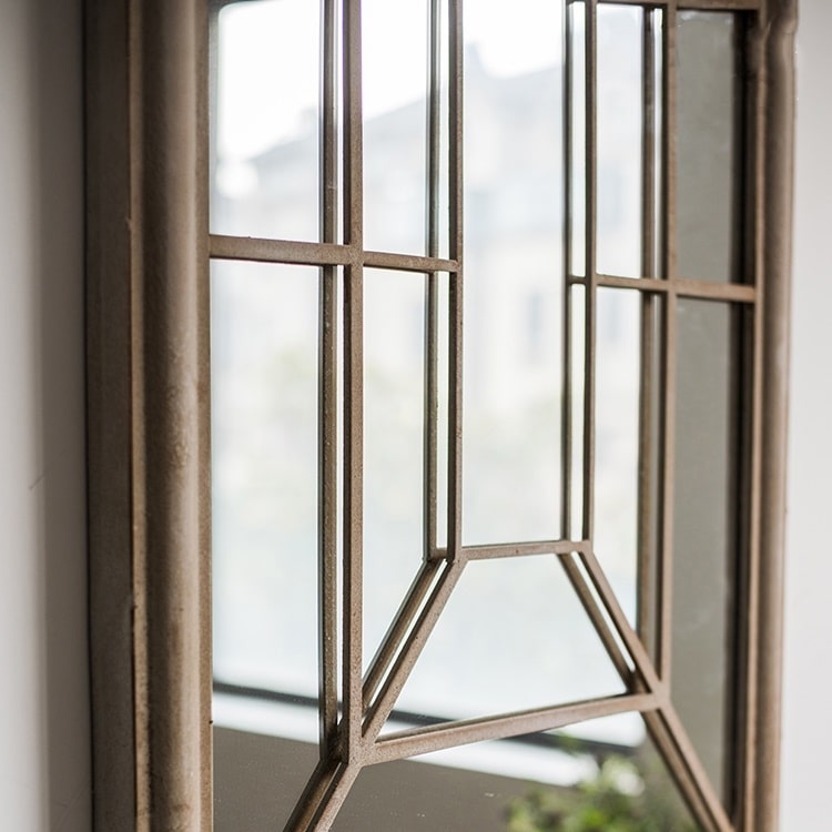 Rustic French Art Mirror featuring a beige and khaki metal frame, elegantly designed for wall decor.