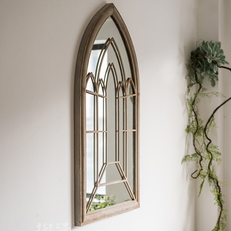 Rustic French Art Mirror featuring a beige and khaki metal frame, elegantly designed for wall decor.