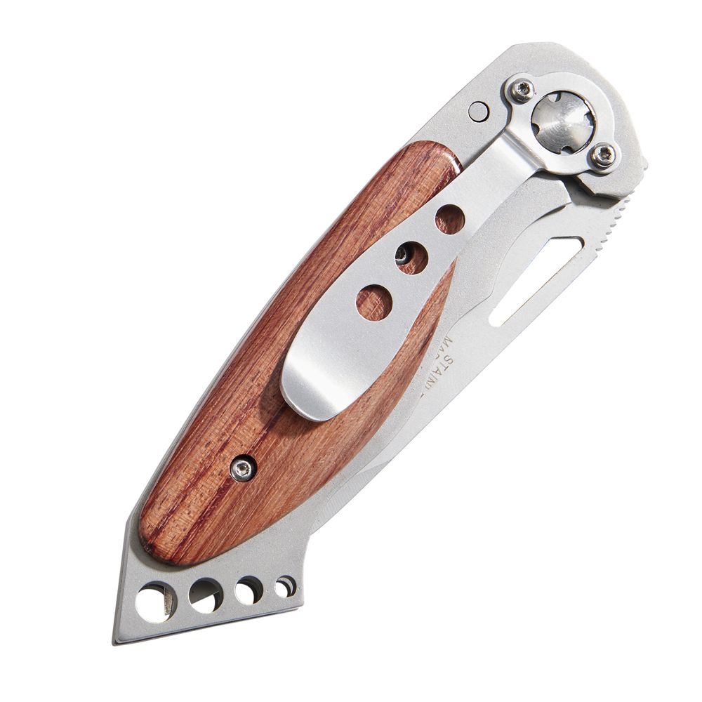 Ss Locking Pocket Knife featuring a matte grey stainless steel blade and real wood handle, closed length 4.625 inches.