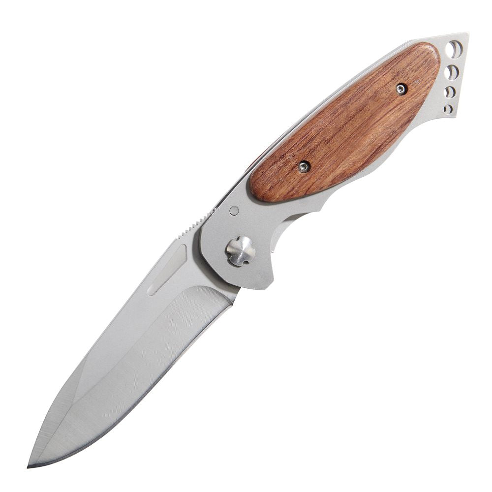 Ss Locking Pocket Knife featuring a matte grey stainless steel blade and real wood handle, closed length 4.625 inches.