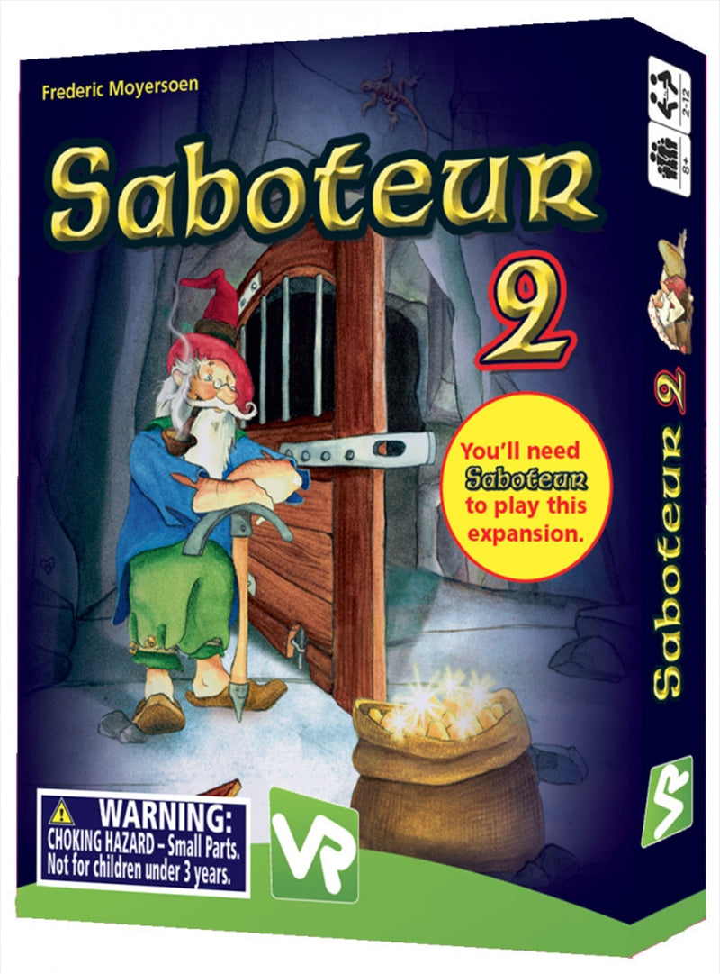 Saboteur 2 card game featuring dwarves digging for gold with action and path cards.