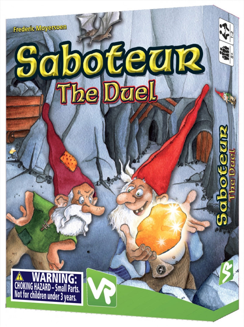 Saboteur the Duel card game components including path cards, action cards, and dwarf figures.