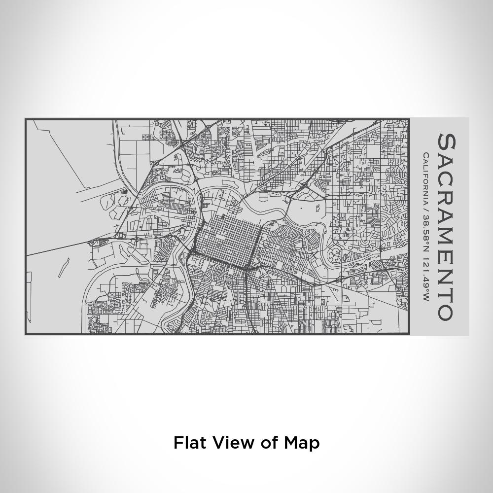 Custom engraved insulated bottle featuring a detailed map of Sacramento, California with coordinates, made of stainless steel.