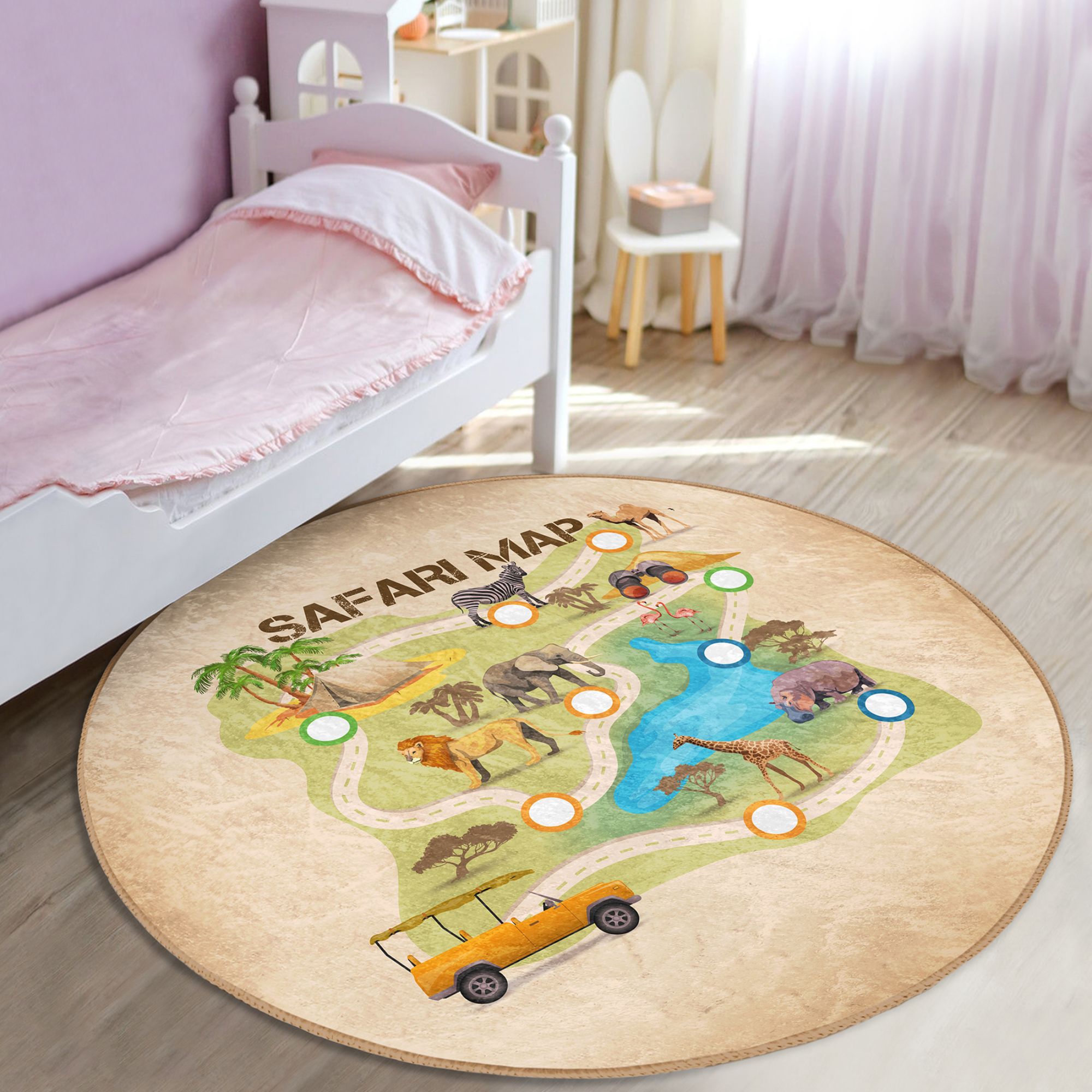 A colorful Safari Map Printed Kids Game Area Washable Rug featuring various animals and landscapes, perfect for children's play areas.