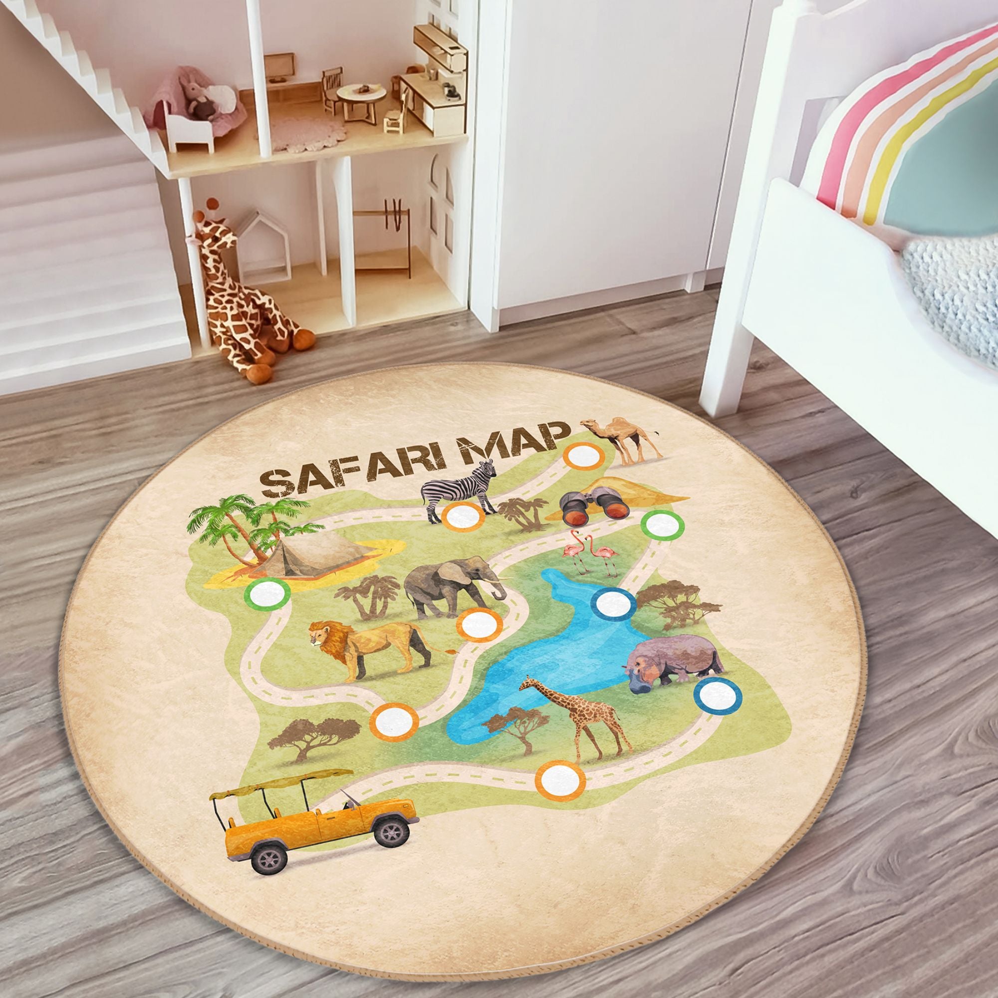 A colorful Safari Map Printed Kids Game Area Washable Rug featuring various animals and landscapes, perfect for children's play areas.