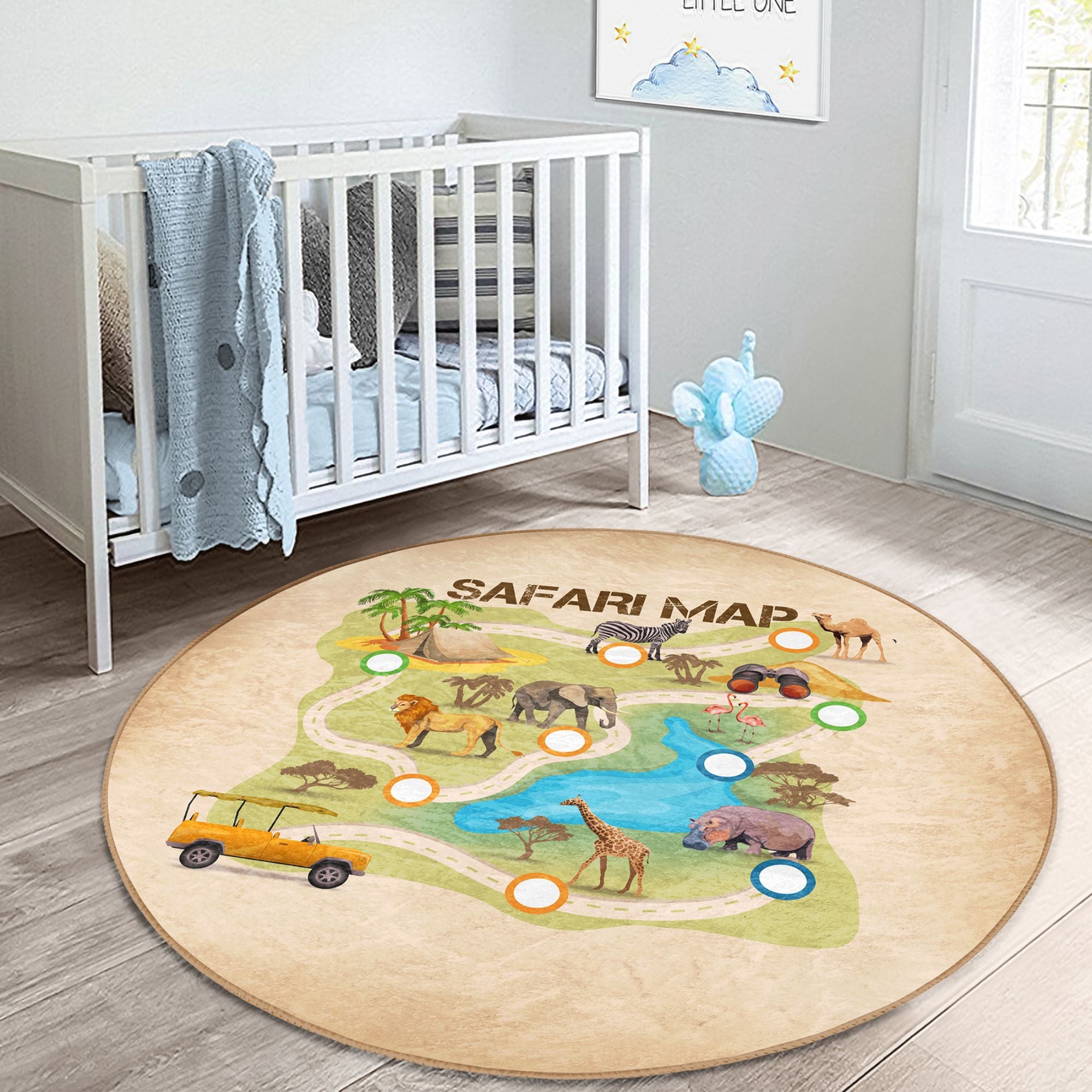 A colorful Safari Map Printed Kids Game Area Washable Rug featuring various animals and landscapes, perfect for children's play areas.