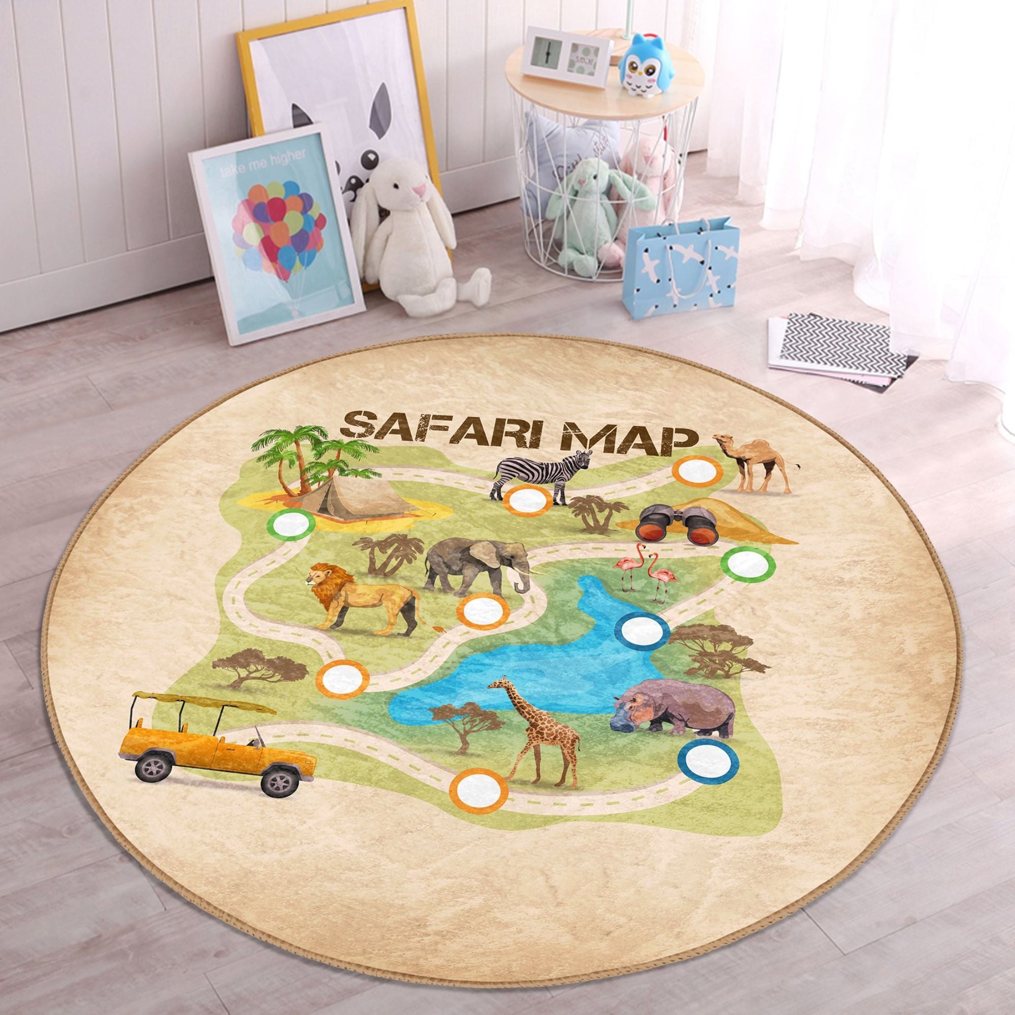 A colorful Safari Map Printed Kids Game Area Washable Rug featuring various animals and landscapes, perfect for children's play areas.