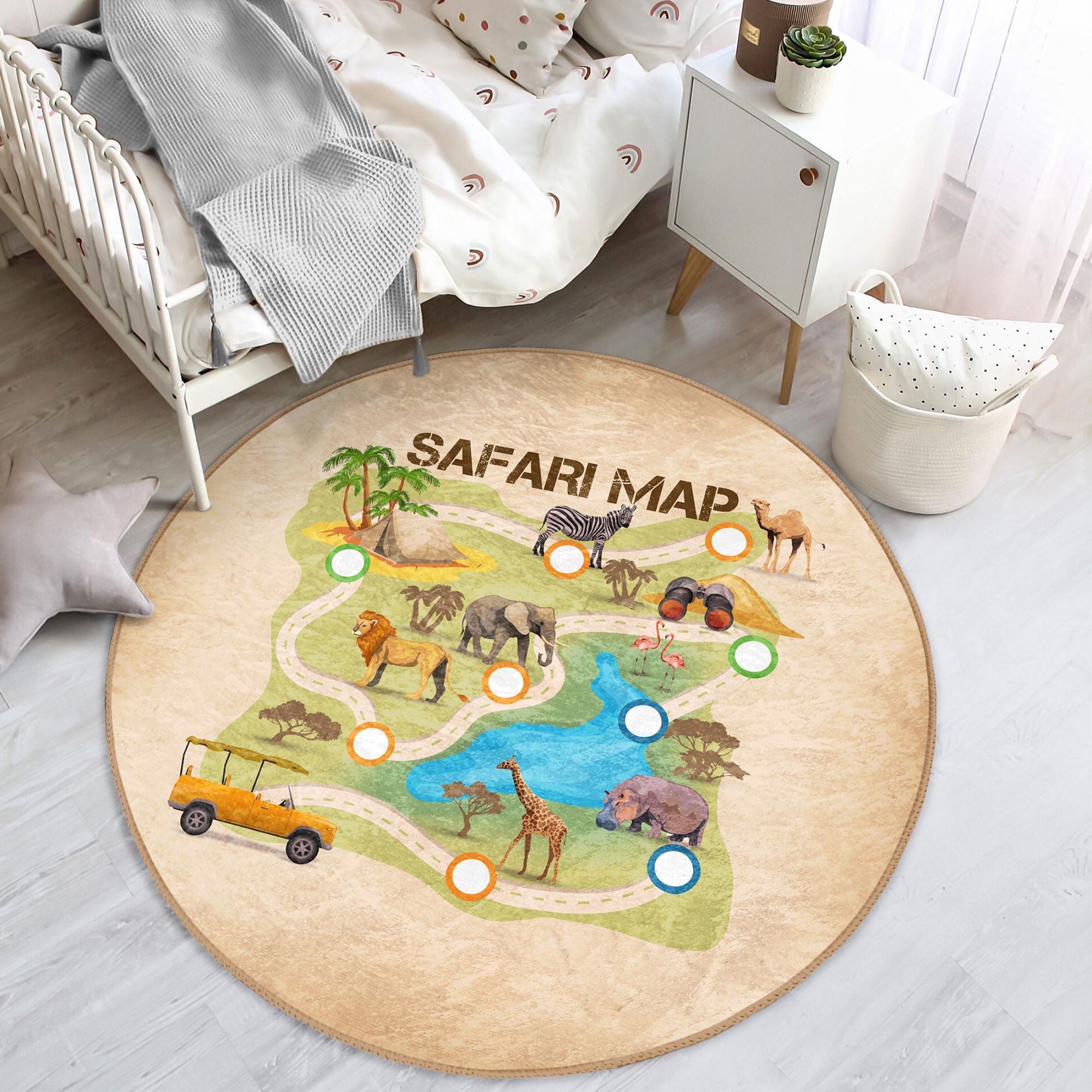 A colorful Safari Map Printed Kids Game Area Washable Rug featuring various animals and landscapes, perfect for children's play areas.