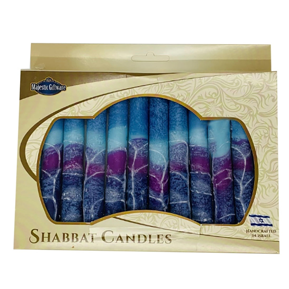 A beautifully arranged pack of 12 Safed Shabbat candles in fantasy blue and white, showcasing their elegant design and craftsmanship.