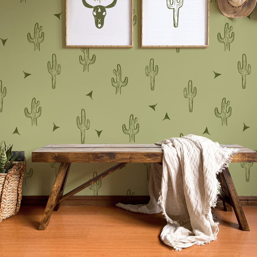 Saguaro Cactus Boho Wallpaper featuring vibrant colors and modern design, perfect for home decor.