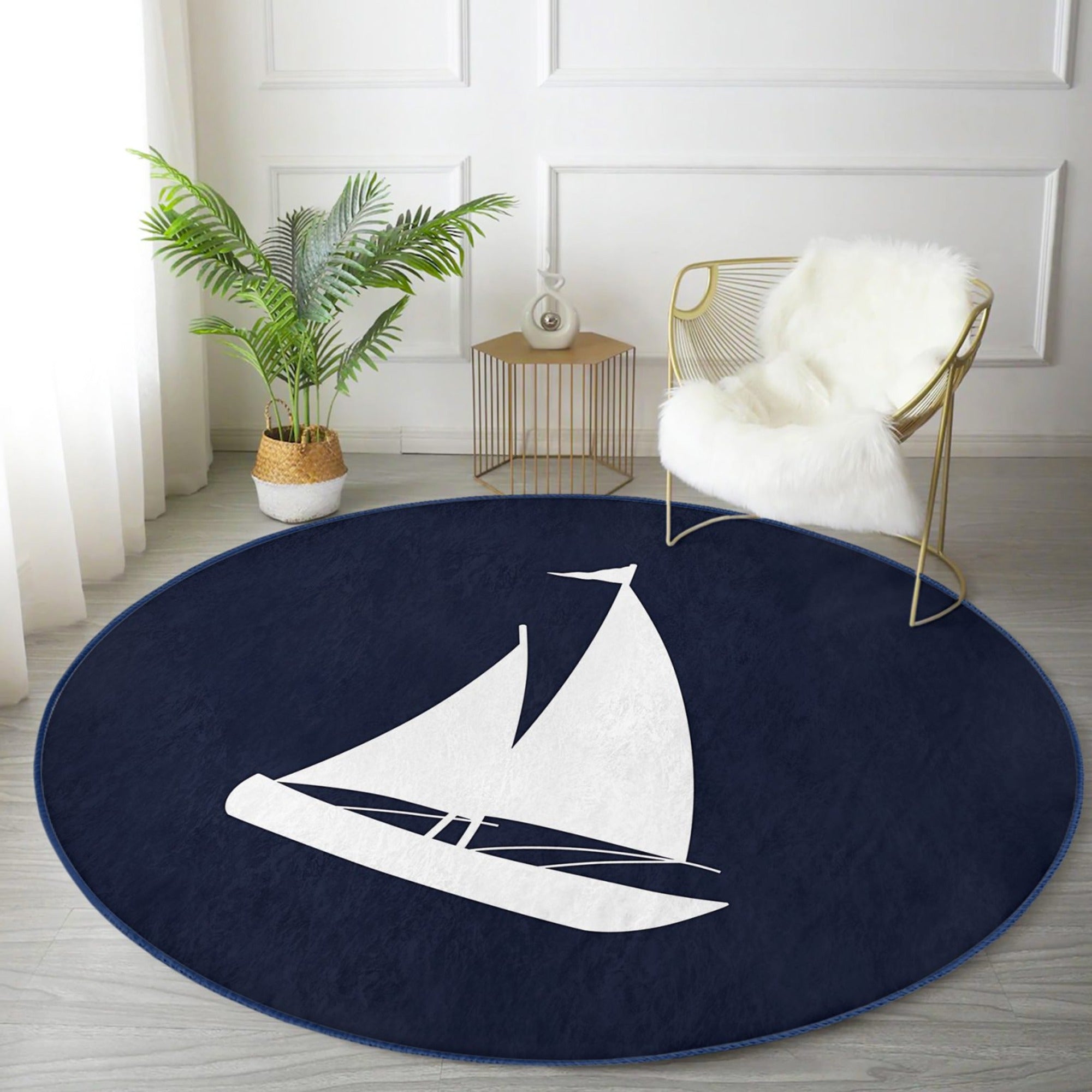 Sailboat patterned round rug featuring a vibrant marine design, non-slip backing, and soft velvet fabric, perfect for home decor.