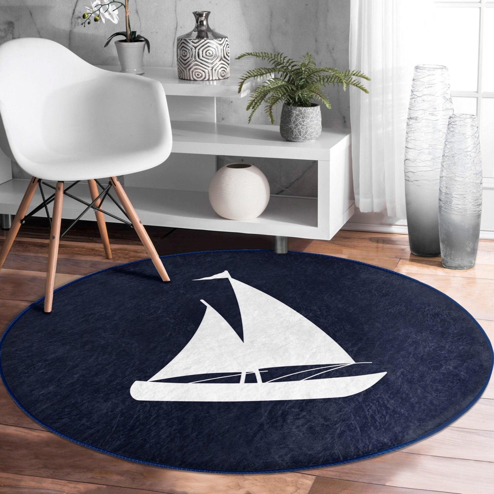 Sailboat patterned round rug featuring a vibrant marine design, non-slip backing, and soft velvet fabric, perfect for home decor.