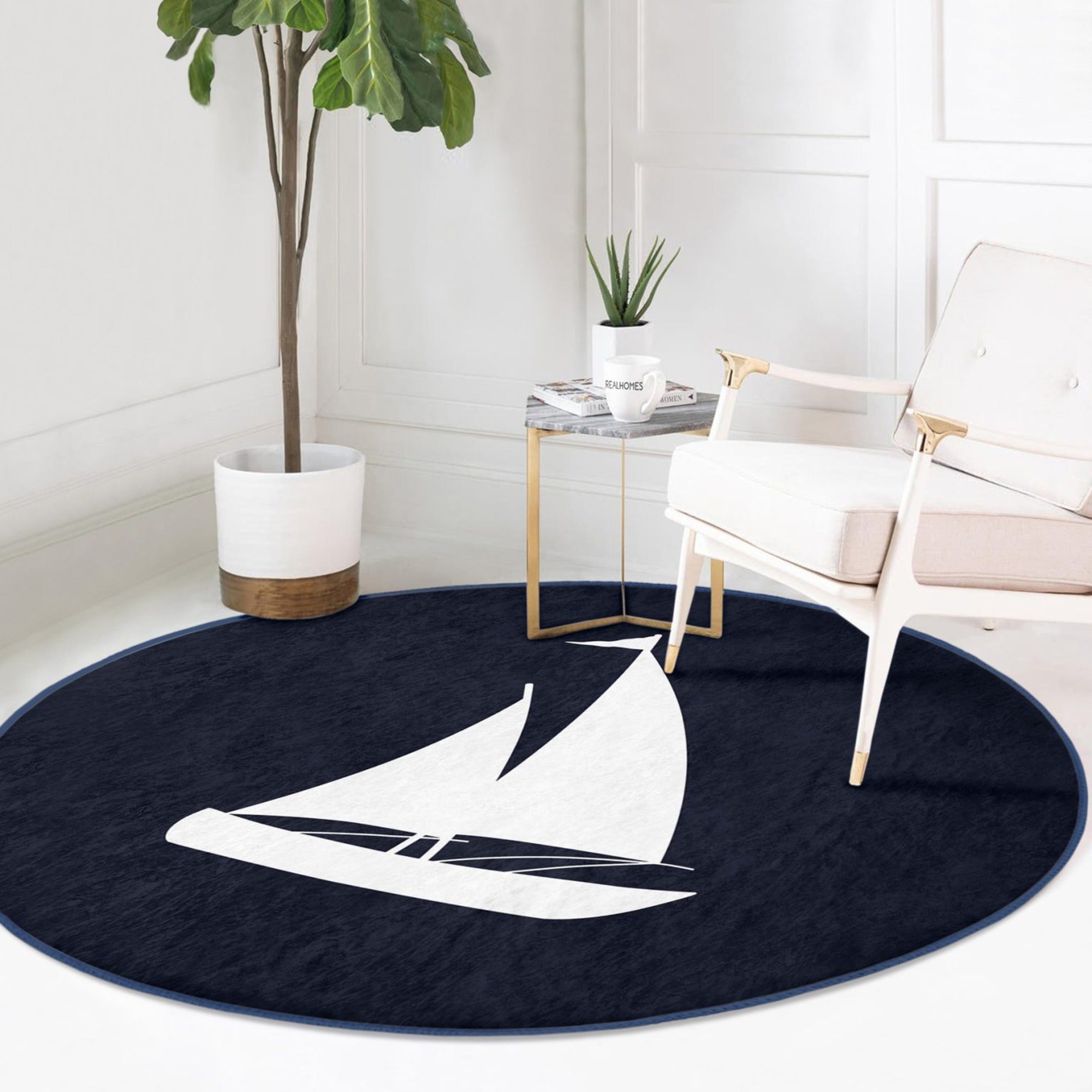 Sailboat patterned round rug featuring a vibrant marine design, non-slip backing, and soft velvet fabric, perfect for home decor.