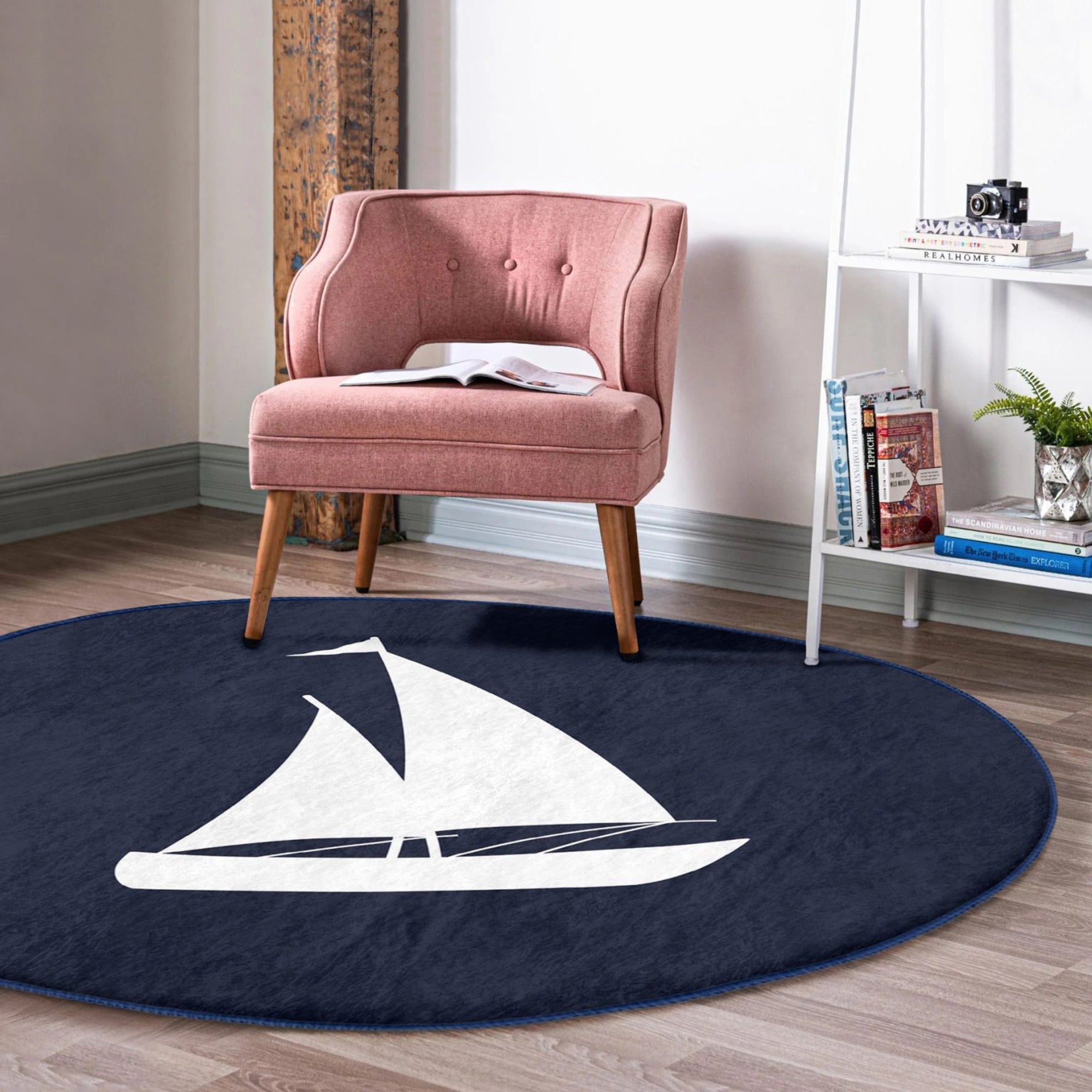 Sailboat patterned round rug featuring a vibrant marine design, non-slip backing, and soft velvet fabric, perfect for home decor.